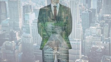 Animation of caucasian businessman over cityscape. Global business, finances and digital interface concept digitally generated video.