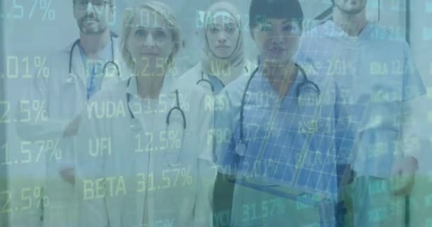 Animation Financial Data Happy Diverse Female Male Doctors Looking Camera — Stock video