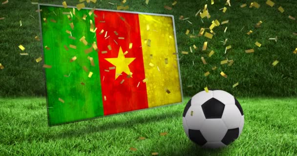 Animation Falling Golden Confetti Football Ball Cameroon Flag World Cup — Wideo stockowe