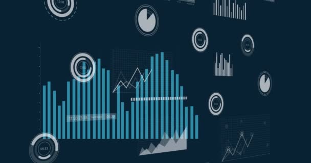 Animation Diverse Graphs Financial Data Navy Background Global Finance Money — Αρχείο Βίντεο