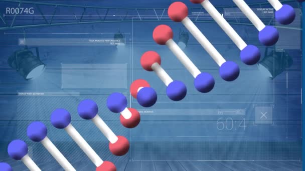 Animation Dna Strand Spinning Data Processing Blue Background Global Science — Vídeos de Stock