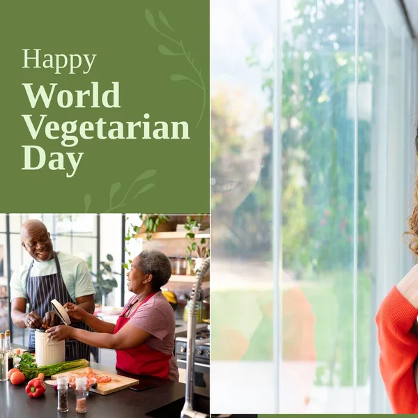 Composition of happy world vegetarian day text over african american couple cooking in kitchen. World vegetarian day and celebration concept digitally generated image.