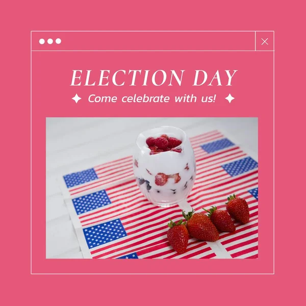 Composition of election day and come celebrate with us texts over flags of usa on red background. Election day and celebration concept digitally generated image.