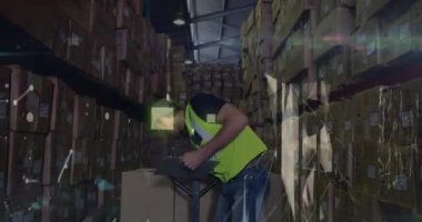 Animation of lights over caucasian male warehouse worker. Business, finance and delivery services concept digitally generated video.