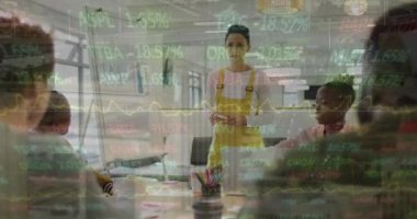 Animation of financial data and graphs over diverse businesspeople in office. Business, finance, economy, cooperation and communication concept digitally generated video.