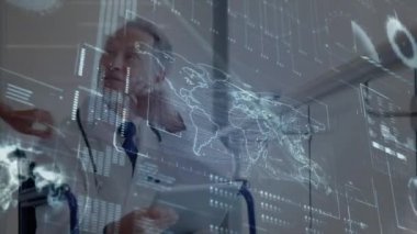 Animation of digital screen over senior caucasian male doctor. Health, medicine and digital interface concept digitally generated video.