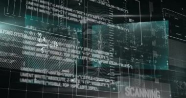 Siyah dijital ekranda grafik, veri ve matematik formüllerinin animasyonu. Dijital olarak oluşturulmuş küresel veri işleme, finans ve dijital arayüz kavramı.