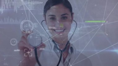 Animation of network of connections over caucasian female doctor smiling. Global medicine and digital interface concept digitally generated video.