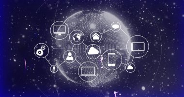Image of network of digital icons and connections over spinning globe. Global connections, digital world and digital interface concept digitally generated image.