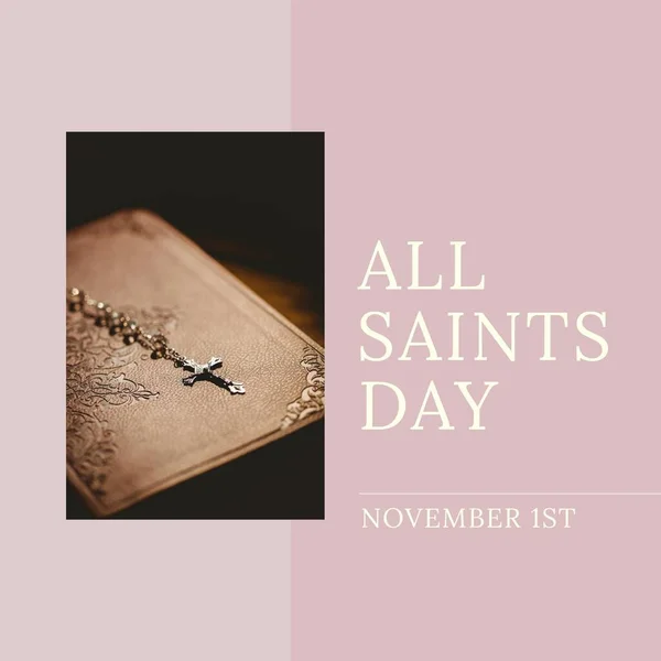 Composition All Saints Day November 1St Texts Rosary Pink Background — Φωτογραφία Αρχείου