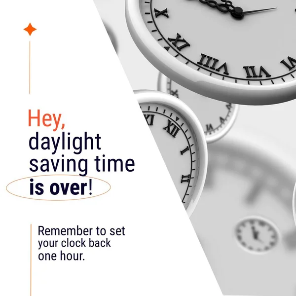 Composition of end of daylight saving time text over clocks. End of daylight saving time concept digitally generated image.