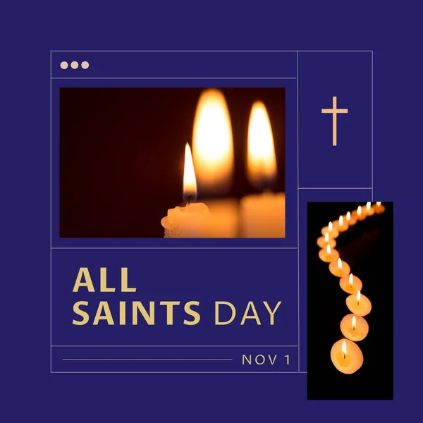 Composition All Saints Day Nov Texts Candles Blue Background All — Stock Photo, Image