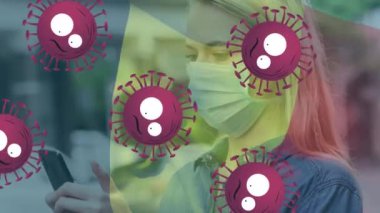Animation of virus cells over caucasian woman in face mask and flag of belgium. Communication and technology during covid 19 pandemic concept digitally generated video.