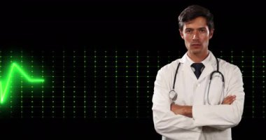 Animation of life line over caucasian doctor on black background. Global medicine, technology, data processing and digital interface concept digitally generated video.