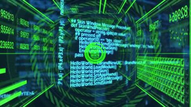 Siyah arkaplanda veri işleme ve şekillerin animasyonu. küresel iş ve dijital arayüz kavramı dijital olarak oluşturulmuş video.