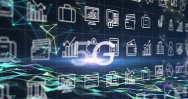 Animation of falling icons and 5g text over dark background. Global business, finances, data processing and digital interface concept digitally generated video.