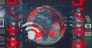 Siyah dijital alanda veri işleme, ikonlar, grafikler, dünya ve Çince yazılar animasyonu. Dijital olarak oluşturulan küresel ağ, veri işleme ve teknoloji konsepti.