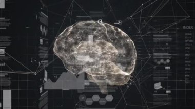 Siyah zemin üzerinde veri, beyin ve dijital asma kilit olan dijital ekranın animasyonu. Dijital arayüz, veri güvenliği, veri işleme ve teknoloji konsepti dijital olarak oluşturuldu.