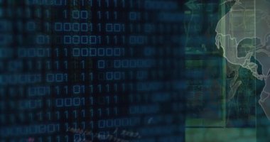 Sunucu odası ve kürede veri işleme animasyonu. Küresel iş ve dijital arayüz kavramı dijital olarak oluşturulmuş video