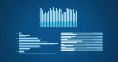 Animation of diverse graphs on blue background. Global finance, money and economy concept digitally generated video.