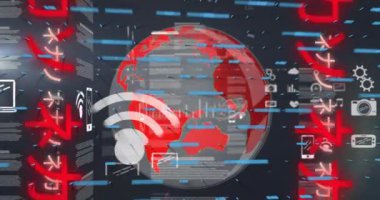 Siyah dijital alanda veri işleme, ikonlar, grafikler, dünya ve Çince yazılar animasyonu. Dijital olarak oluşturulan küresel ağ, veri işleme ve teknoloji konsepti.