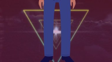 Animation of businessman with face mask icon over moving shapes. Global business and digital interface concept digitally generated video.