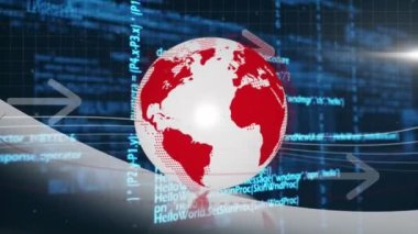 Siyah zemin üzerinde küre, veri ve okların animasyonu. Küresel ağ, veri işleme ve teknoloji konsepti dijital olarak oluşturulmuş video.