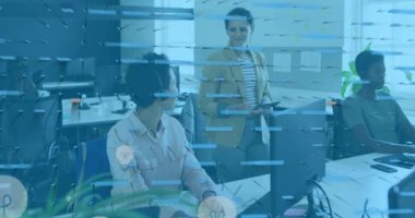 Animation of graphs and bulbs over diverse female coworkers in office. Finance, economy, communication, business and technology concept digitally generated video.