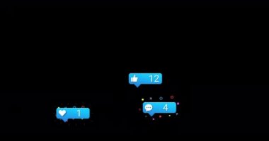 Siyahi arka planda sosyal medya tepkilerinin animasyonu. Sosyal medya, ağ, iletişim ve teknoloji konsepti dijital olarak oluşturulmuş video.