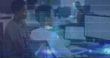 Animation of financial data and graphs over diverse female coworkers in office. Business, finance, economy and cooperation concept digitally generated video.