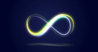 Animation of infinity symbol over navy background. Shape, colour and movement concept digitally generated video.