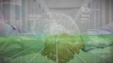 İş adamı el sıkışması ve bilgisayar sunucuları üzerinden insan beyni ve veri işleme animasyonu. Küresel iş, bilgisayar ve bağlantılar konsepti dijital olarak oluşturulmuş video.