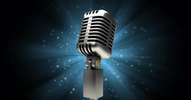 Animation of vintage microphone over blue light on black background. Party, music and entertainment concept digitally generated video.