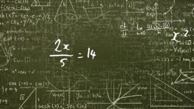 Animation of math formulas on dark green background. Math, science, education and learning concept digitally generated video.