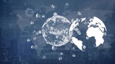 Mavi zemin üzerinde dünya haritası üzerinde bağlantıları olan dünyanın animasyonu. Ağ, veri işleme, bağlantılar ve teknoloji konsepti dijital olarak oluşturulmuş video.