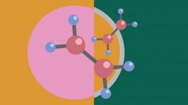 Renkli şekiller ve arka planda moleküllerin animasyonu. Bilim haftası, veri işleme konsepti dijital olarak oluşturulmuş video.