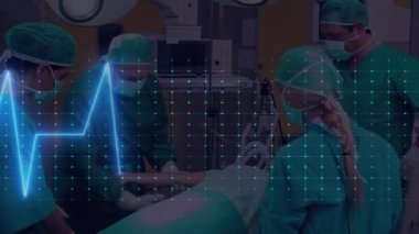 Animation of life line over surgeons in operating theatre. Global medicine, technology, data processing and digital interface concept digitally generated video.