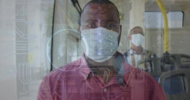 Animation Data Processing African American Man Bus Face Mask Global — Stock Video