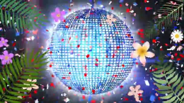 Animation Flowers Leaves Confetti Disco Ball Black Background Party Celebration — стоковое видео