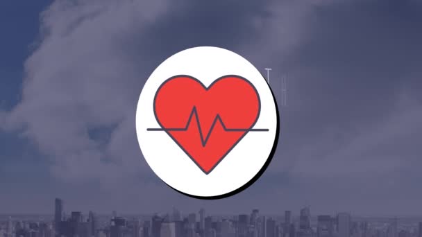 Animation Heart Heart Rate Cityscape Health Heart Disease Awareness Concept — Wideo stockowe