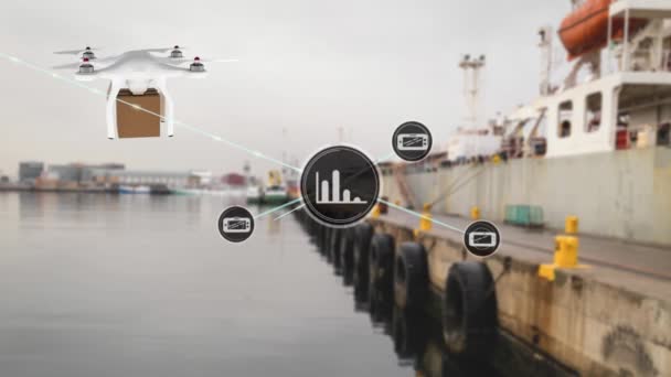 Animation Network Connections Icons Digital Drone Shipyard Global Connections Shipping — Αρχείο Βίντεο