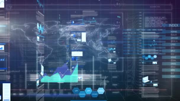 Animation Data Processing World Map Black Background Global Technology Computing — ストック動画