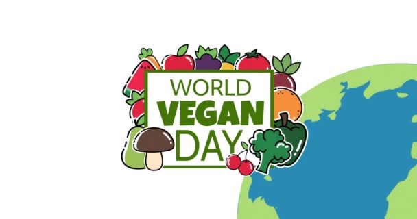Animation World Vegan Day Globe White Background Food Fruits Vegetable — Video