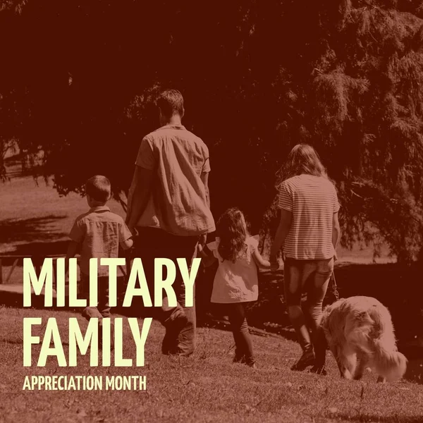 Image of military family appreciation month over sepia image of caucasian family with dog in park. Military, army, family and american patriotism concept.