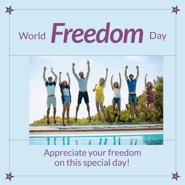 Image Freedom Day Happy Diverse Friends Jumping Joy Swimming Pool — 스톡 사진