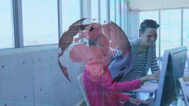 Animation of globe over diverse coworkers in office. Business, network, communication and technology concept digitally generated video.