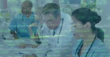Animation of financial data over diverse doctors talking. Health, medicine and finance concept digitally generated video.