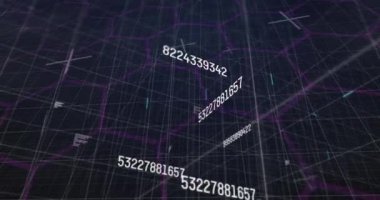 Mavi arkaplandaki ışık yollarının üzerinde değişen sayıların ve veri işlemenin dijital animasyonu. Bilgisayar arayüzü ve iş teknolojisi kavramı