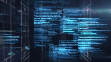 Donanma uzayında veri işleme animasyonu. Küresel ağ, veri işleme ve teknoloji konsepti dijital olarak oluşturulmuş video.