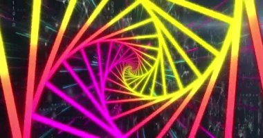 Siyah dijital uzayda hareket eden mor ve sarı neon şekillerin animasyonu. Renk, şekil ve hareket konsepti dijital olarak oluşturulmuş video.